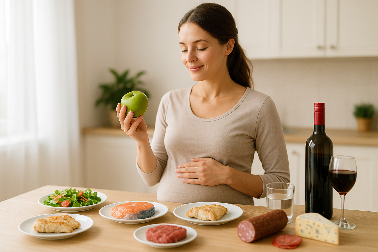 femme enceinte avec des aliments sains et interdits