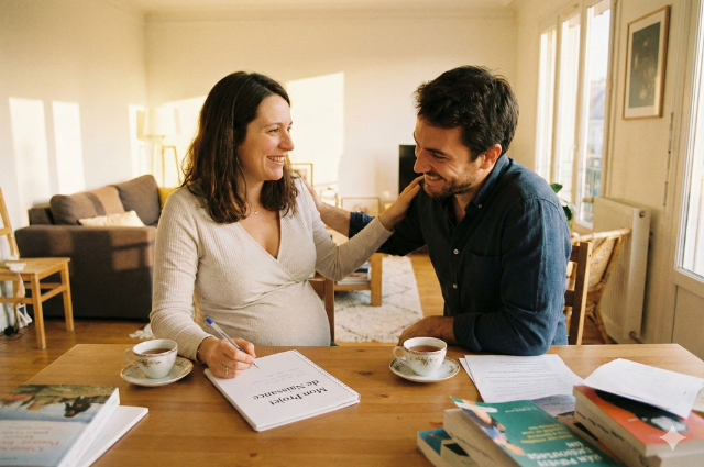 Photographie chaleureuse d'un couple attendant un enfant, souriant et complice au-dessus d'un carnet intitulé "Mon Plan de Naissance" dans un salon ensoleillé
