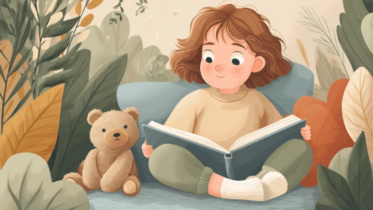 Un bambin assis sur un tapis doux qui regarde un livre illustré avec un adulte, entouré de livres cartonnés et de peluches.