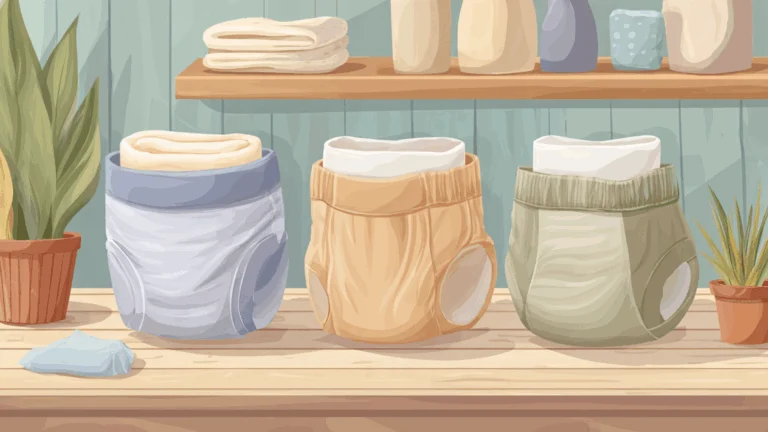 Trois couches propres et vides disposées côte à côte sur une surface en bois — jetable, tissu et biodégradable.