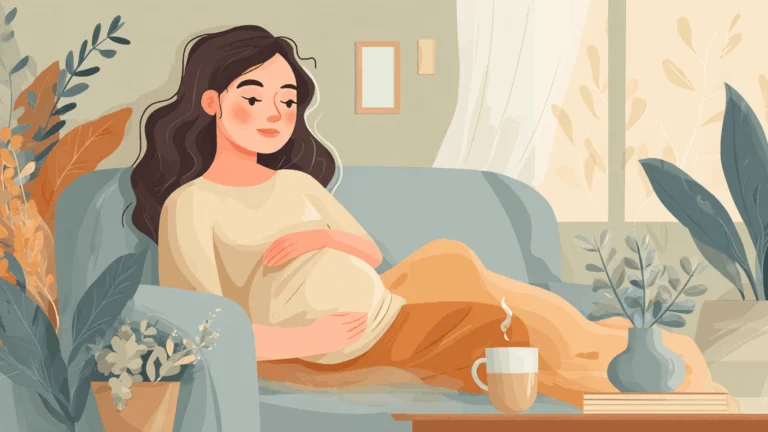 Une femme enceinte allongée sur un canapé avec une couverture douce, une tasse chaude et une plante sur la table basse devant elle.