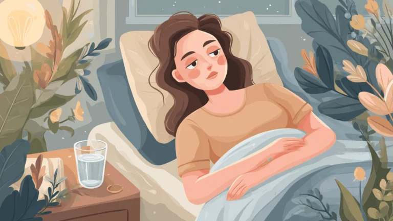 Une femme enceinte éveillée dans son lit la nuit, une veilleuse et un verre d'eau sur la table de chevet, un coussin de grossesse à côté.