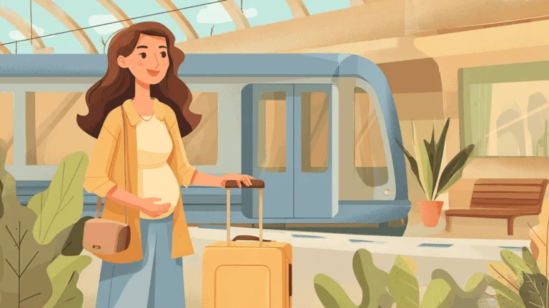 Une femme enceinte sur un quai de gare avec une petite valise à roulettes, un train visible le long du quai en arrière-plan.