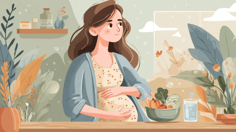 Une femme enceinte attablée devant un bol de fruits et légumes colorés avec un verre d'eau, une plante en arrière-plan.