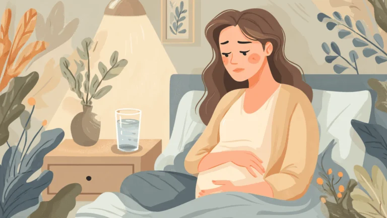 Une femme enceinte assise dans son lit la nuit, l'air épuisée, une couverture sur les jambes et un verre d'eau sur la table de chevet.