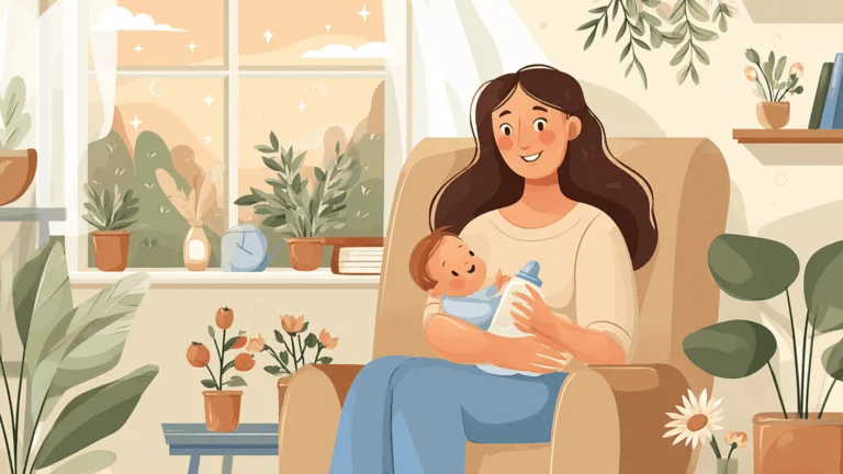 Une mère assise dans un fauteuil tenant son bébé dans les bras et lui proposant un biberon, une plante et une étagère en arrière-plan.