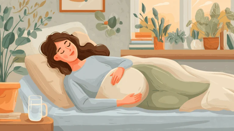 Une femme enceinte allongée sur le côté avec un long coussin de grossesse, une couverture douce et un verre d'eau sur la table de chevet.