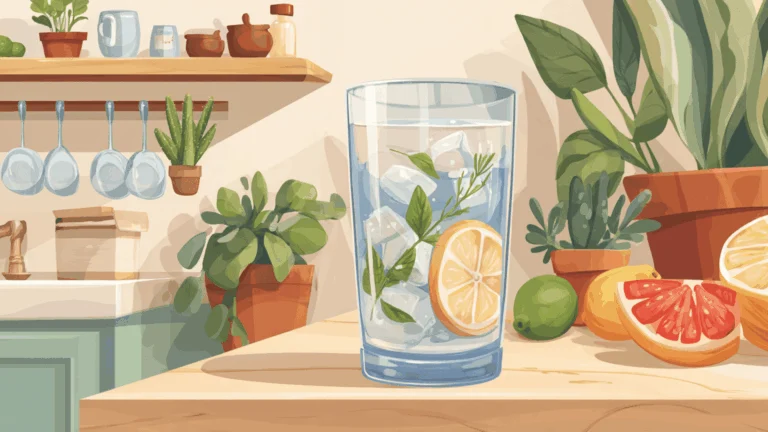 Un grand verre d'eau pétillante avec une tranche de citron et de la menthe, quelques fruits frais posés sur une surface en bois.
