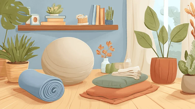 Un ballon de naissance, un tapis de yoga plié et un coussin de soutien posés sur un parquet clair, avec une couverture enroulée.
