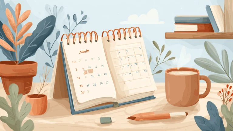 Un petit carnet ouvert, un calendrier avec les trois premiers mois encerclés et un crayon posés sur une table en bois avec une tasse.