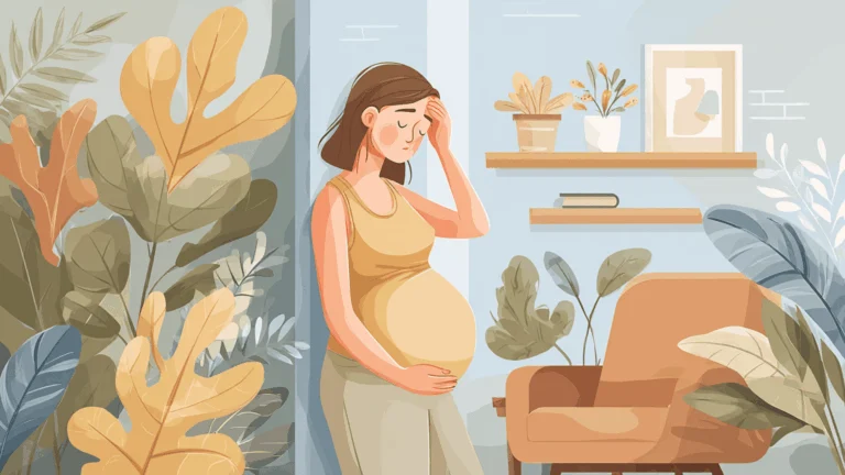 Une femme enceinte debout, une main contre le mur et l'autre sur le front, dans une pièce calme avec un fauteuil et une plante.