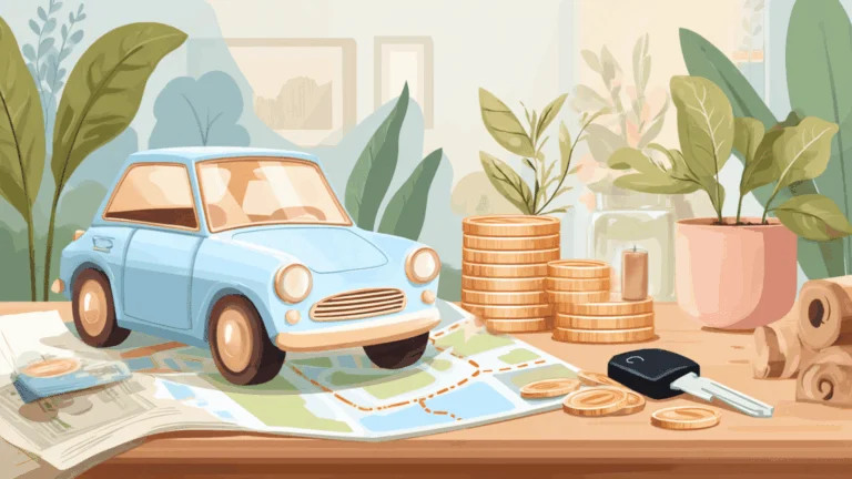 Une petite voiture jouet sur une carte simplifiée avec un tracé pointillé, accompagnée d'une pile de pièces et d'une clé de voiture.
