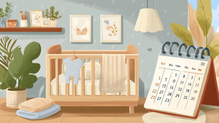 Un petit berceau en bois et un calendrier de bureau avec des jours surlignés, posés sur une table claire avec une chaussette de bébé.