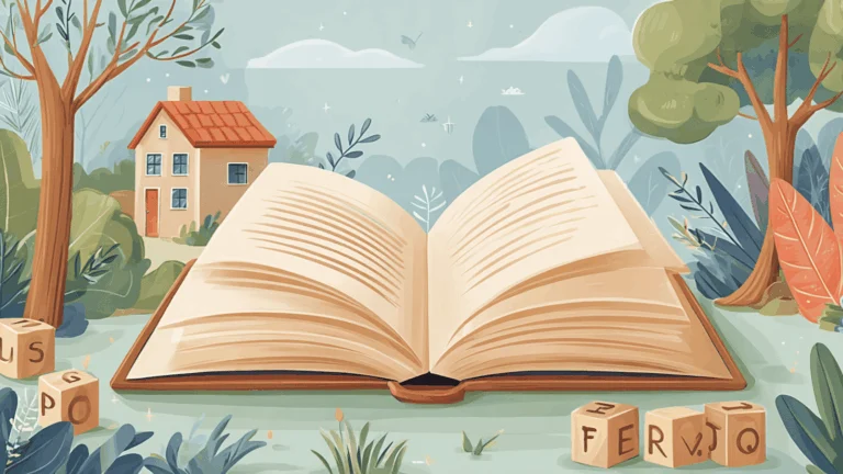 Un livre ouvert entouré de cubes en bois et d'une petite maison miniature, posé sur une table avec un crayon et une plante.
