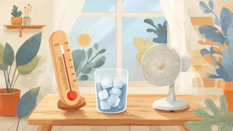 Thermomètre avec un verre d'eau et un ventilateur dans une chambre d'enfant.