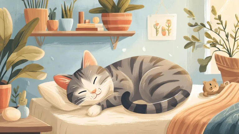 Un chat endormi sur un tapis doux dans une chambre d'enfant, entouré d'une peluche et d'une couverture pliée.
