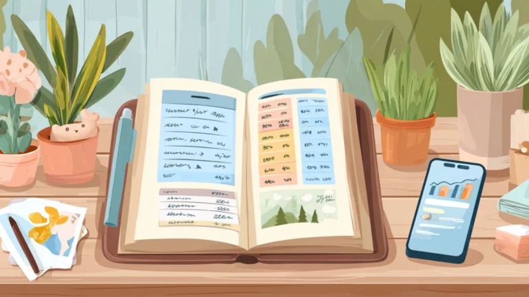 Vue de haut d'un carnet de liaison ouvert avec une écriture manuscrite, un doudou et un dessin d'enfant posés à côté.