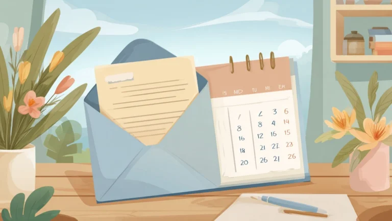 Une enveloppe ouverte avec une lettre qui dépasse, posée sur un calendrier ouvert, un stylo à côté.