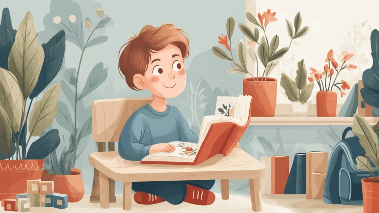 Un enfant d'environ 4 ans assis à une petite table en bois avec un livre illustré ouvert, un sac à dos sur une chaise et des cubes de construction à côté.