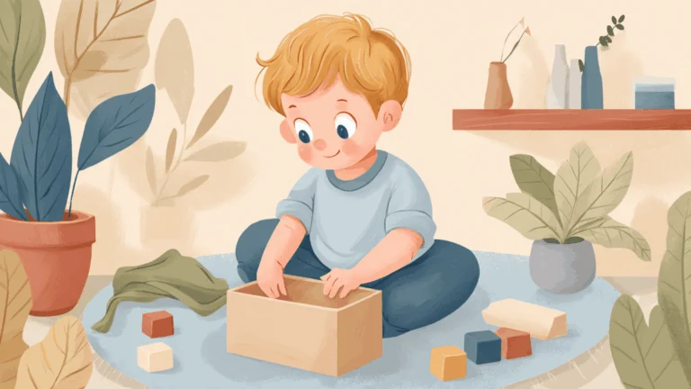 Un bambin assis sur un tapis doux absorbé dans son jeu, entouré d'un carton, de cubes en bois et d'un carré de tissu.